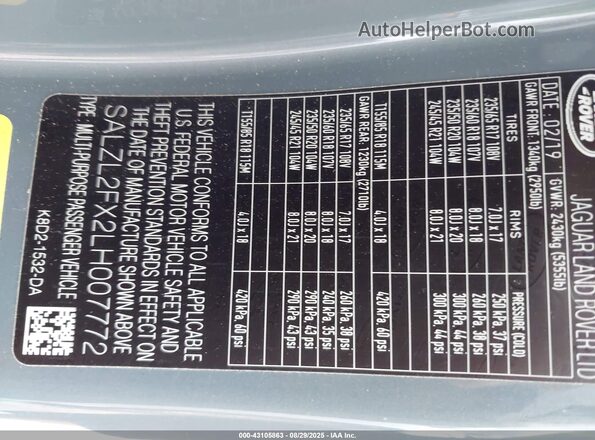 SALZL2FX2LH007772 2020 LAND ROVER RANGE ROVER EVOQUE Blue Вид підкапотного простору