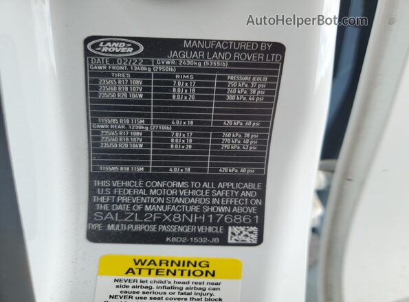 SALZL2FX8NH176861 2022 LAND ROVER RANGE White 