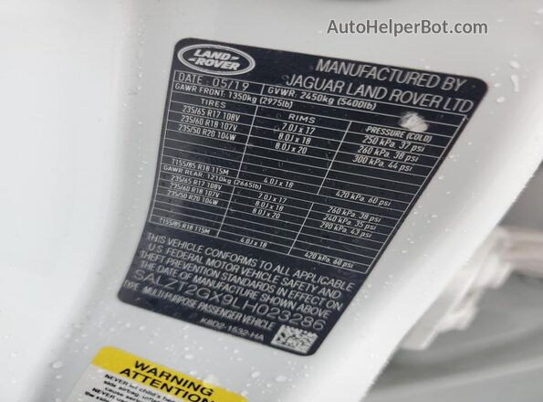 SALZT2GX9LH023286 2020 LAND ROVER RANGE ROVER White Панорамний вид салону 360°
