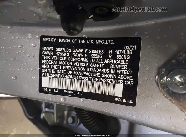SHHFK7H40MU417063 2021 HONDA CIVIC Silver ძრავის განყოფილების ხედი