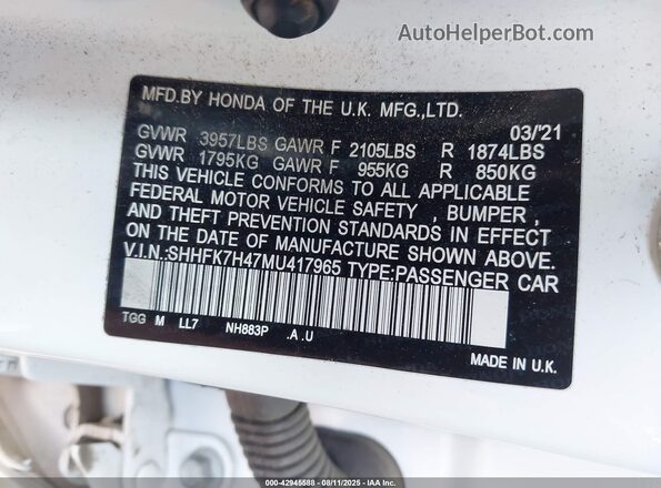 SHHFK7H47MU417965 2021 HONDA CIVIC White Widok komory silnika