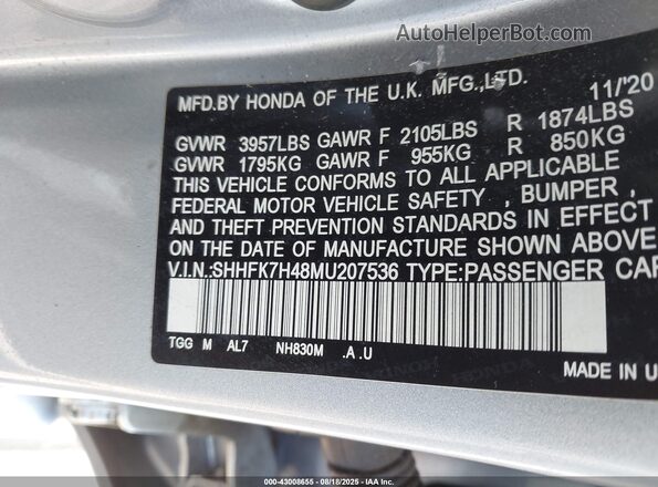 SHHFK7H48MU207536 2021 HONDA CIVIC Silver Vista del compartimento del motor