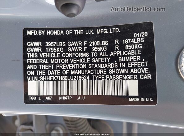 SHHFK7H80LU216524 2020 HONDA CIVIC Синий Вид подкапотного пространства