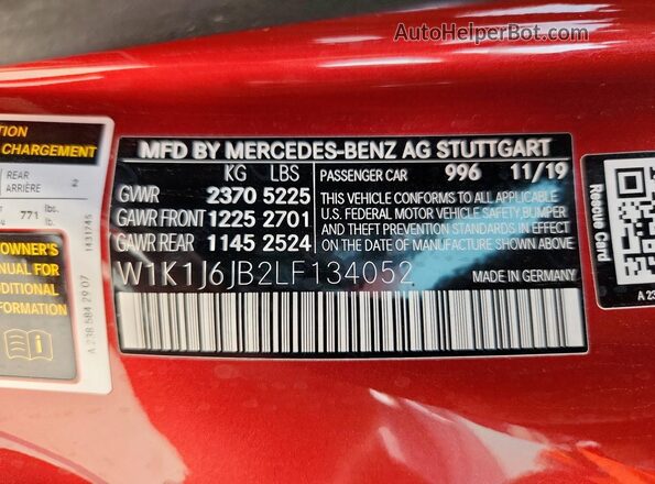W1K1J6JB2LF134052 2020 MERCEDES-BENZ E Red 