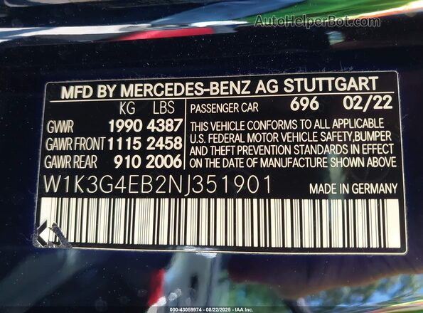W1K3G4EB2NJ351901 2022 MERCEDES-BENZ A Black ძრავის განყოფილების ხედი