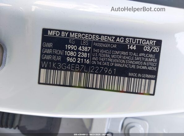 W1K3G4EB7LJ227961 2020 MERCEDES-BENZ A 220 White Vista del compartimento del motor