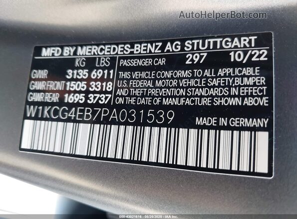 W1KCG4EB7PA031539 2023 MERCEDES-BENZ EQS 580 Gray VIN კოდის სტიკერის ხედი