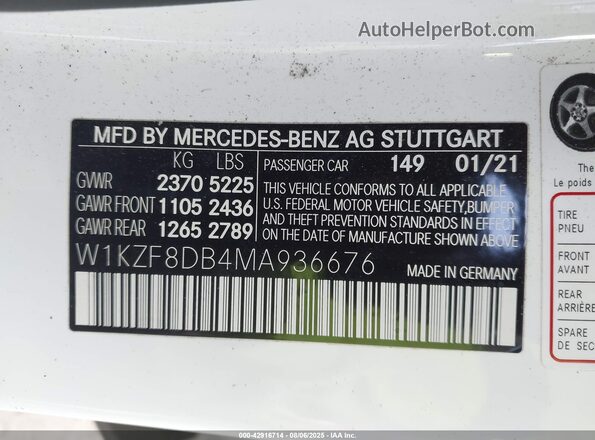 W1KZF8DB4MA936676 2021 MERCEDES-BENZ E-CLASS Белый 