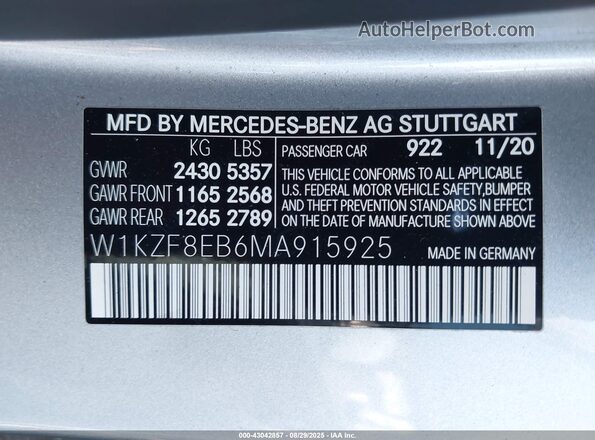 W1KZF8EB6MA915925 2021 MERCEDES-BENZ E-CLASS Silver ძრავის განყოფილების ხედი
