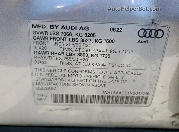 WA1AAAGE1NB047049 2022 AUDI E-TRON Silver 