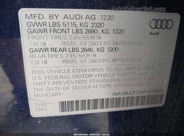 WA1BUCF39M1070865 2021 AUDI Q3 Dark Blue Вид подкапотного пространства