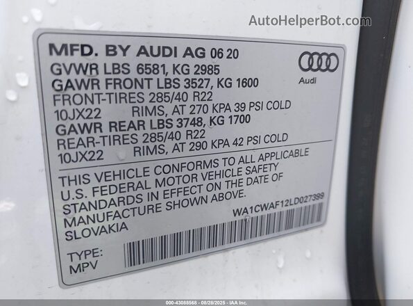WA1CWAF12LD027399 2020 AUDI SQ8 White Вид підкапотного простору