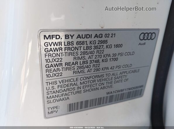 WA1CWBF17MD030385 2021 AUDI SQ8 White ძრავის განყოფილების ხედი