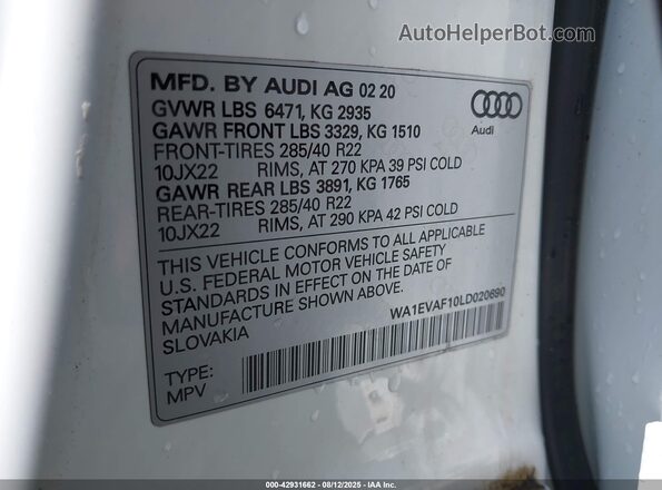 WA1EVAF10LD020690 2020 AUDI Q8 White ძრავის განყოფილების ხედი