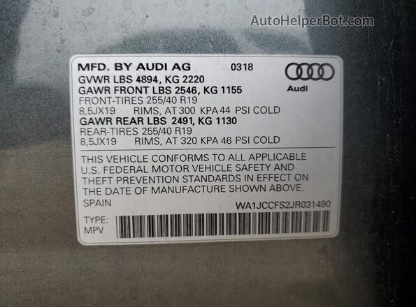WA1JCCFS2JR031490 2018 AUDI Q3 Серый 