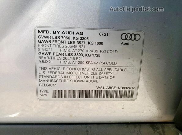 WA1LABGE1NB002482 2022 AUDI E-TRON Серебряный 