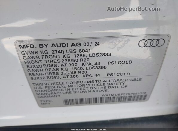 WA1MUBFZ7RP051310 2024 AUDI Q4 White ძრავის განყოფილების ხედი