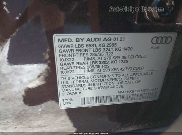 WA1VXBF76MD027682 2021 AUDI Q7 Dark Brown Vista del compartimento del motor