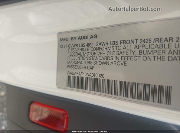 WAUABAF40NA016020 2022 AUDI OTHER White Вид підкапотного простору