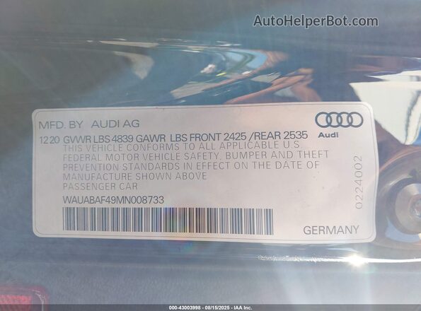WAUABAF49MN008733 2021 AUDI OTHER Черный Вид подкапотного пространства