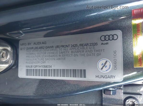 WAUB1GFF1H1058034 2017 AUDI S3 Gray 