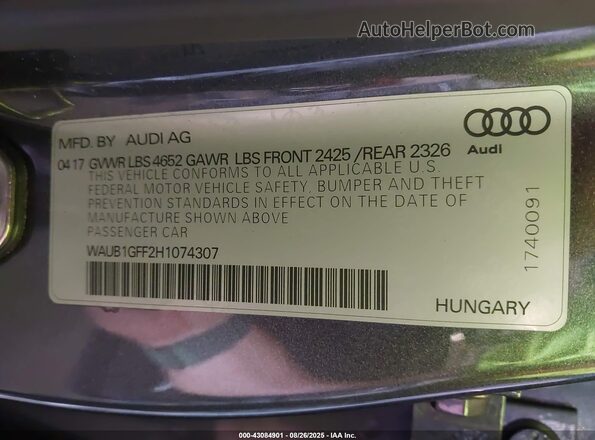 WAUB1GFF2H1074307 2017 AUDI S3 Pewter Շարժիչի բաժամունքի տեսք