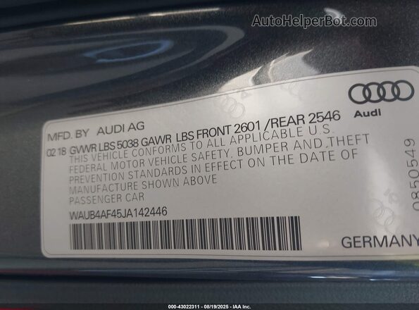 WAUB4AF45JA142446 2018 AUDI S4 Gray 