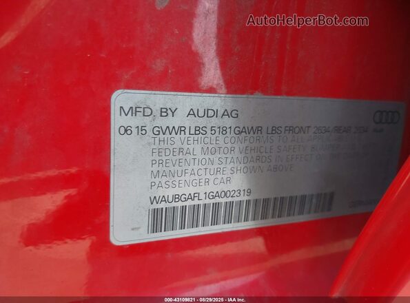 WAUBGAFL1GA002319 2016 AUDI S4 Красный Вид подкапотного пространства