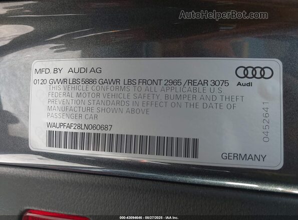WAUPFAF28LN060687 2020 AUDI S7 Gray Widok komory silnika