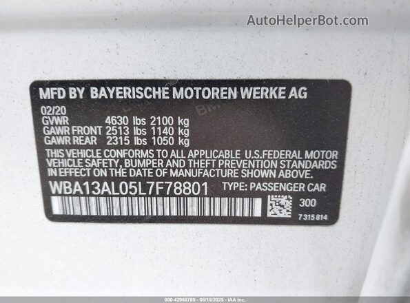 WBA13AL05L7F78801 2020 BMW M2 White Engine compartment view