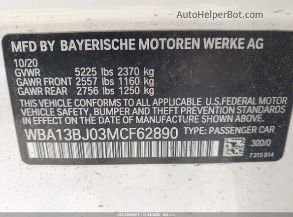 WBA13BJ03MCF62890 2021 BMW 5 SERIES White Engine compartment view