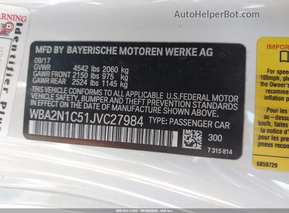 WBA2N1C51JVC27984 2018 BMW M2 White ძრავის განყოფილების ხედი
