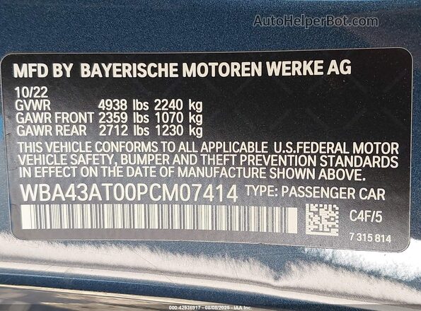 WBA43AT00PCM07414 2023 BMW 4 SERIES Blue Vista del compartimento del motor