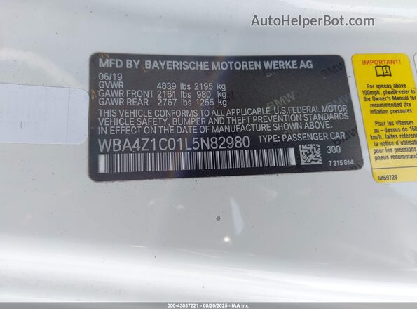 WBA4Z1C01L5N82980 2020 BMW 4 SERIES White ძრავის განყოფილების ხედი
