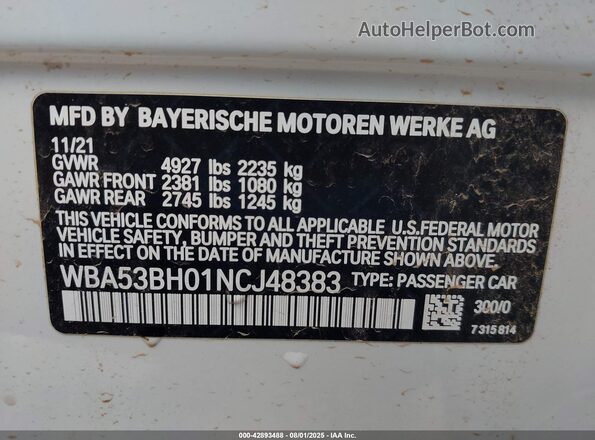 WBA53BH01NCJ48383 2022 BMW 5 SERIES White Вид підкапотного простору