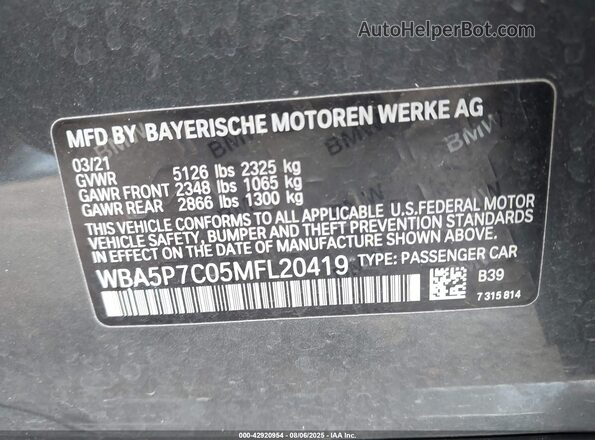 WBA5P7C05MFL20419 2021 BMW 7 SERIES Gray ძრავის განყოფილების ხედი