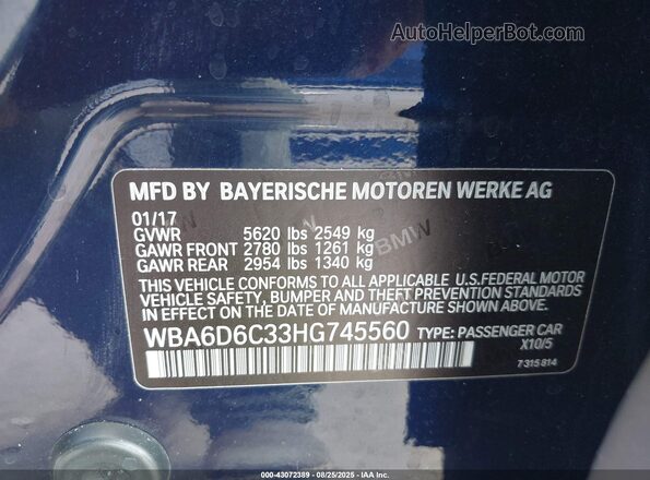 WBA6D6C33HG745560 2017 BMW 6 SERIES Blue ძრავის განყოფილების ხედი