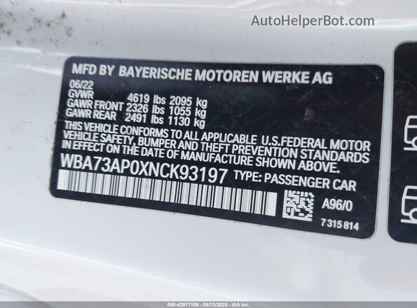 WBA73AP0XNCK93197 2022 BMW 4 SERIES White Vista del compartimento del motor