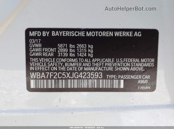 WBA7F2C5XJG423593 2018 BMW ALPINA White Вид підкапотного простору