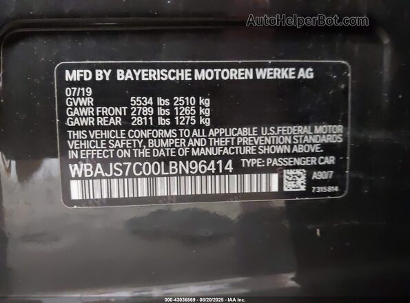 WBAJS7C00LBN96414 2020 BMW 5 SERIES Black Շարժիչի բաժամունքի տեսք