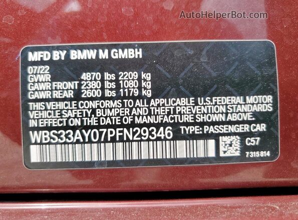 WBS33AY07PFN29346 2023 BMW M3 Burgundy Widok naklejki z numerem VIN