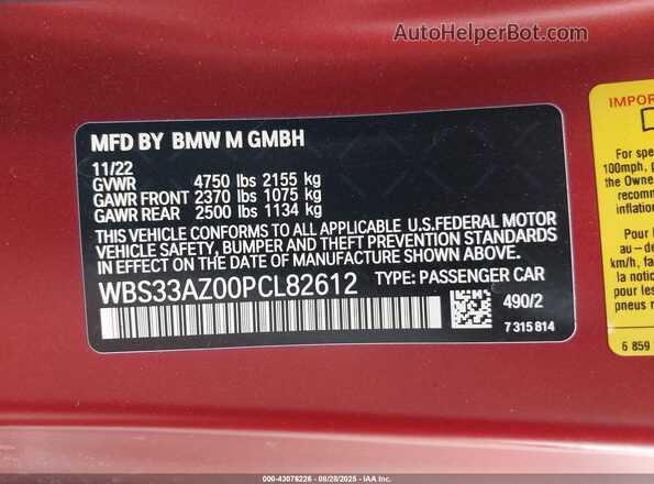 WBS33AZ00PCL82612 2023 BMW M4 Orange Vista del compartimento del motor