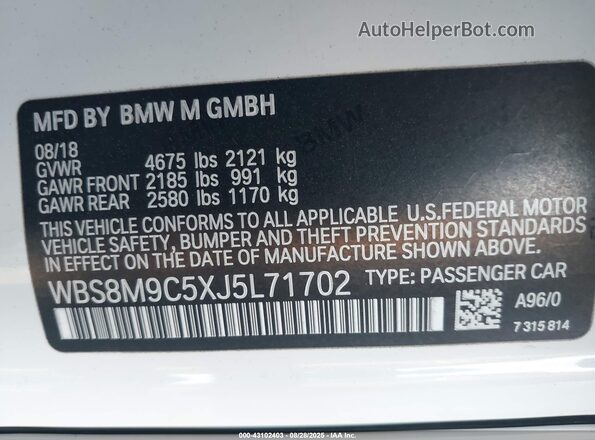 WBS8M9C5XJ5L71702 2018 BMW M3 White Engine compartment view