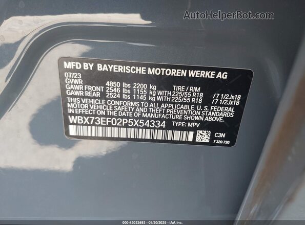 WBX73EF02P5X54334 2023 BMW X1 Blue Vista del compartimento del motor