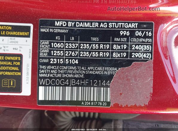 WDC0G4JB4HF121443 2017 MERCEDES-BENZ GLC 300 Red 