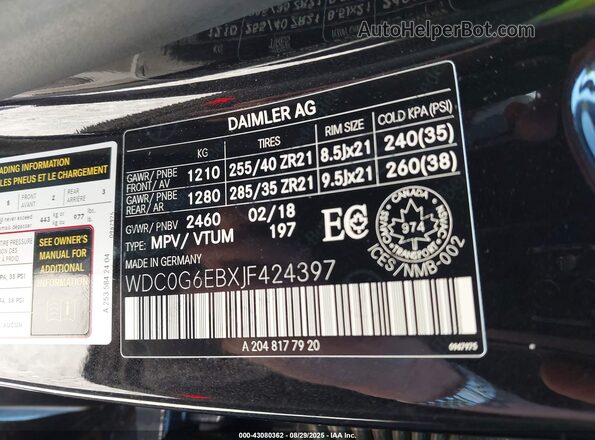 WDC0G6EBXJF424397 2018 MERCEDES-BENZ AMG GLC 43 Черный 