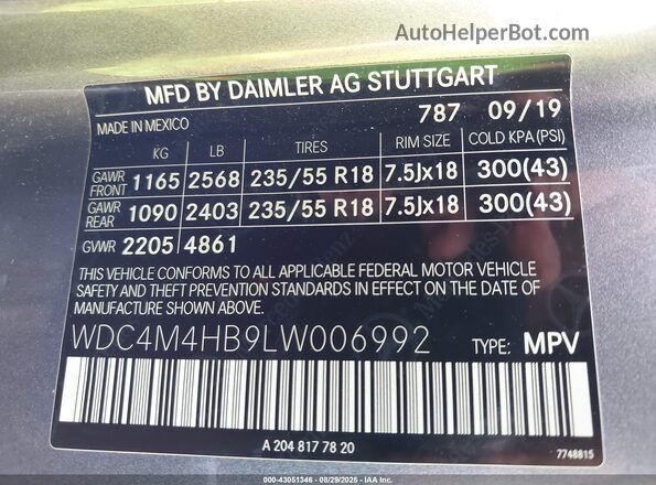 WDC4M4HB9LW006992 2020 MERCEDES-BENZ GLB-CLASS Серый Вид подкапотного пространства