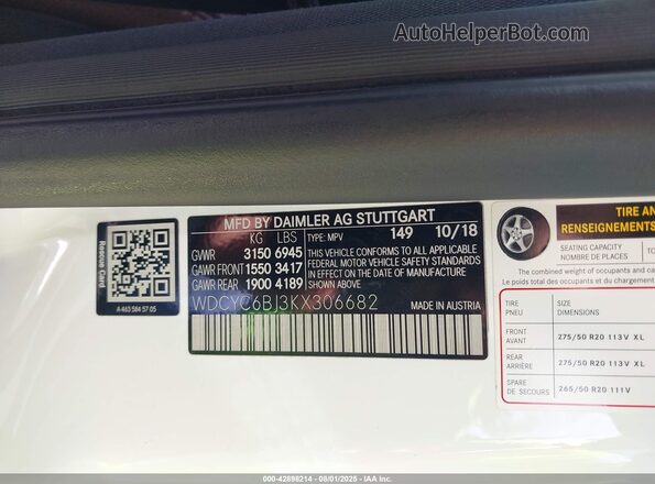 WDCYC6BJ3KX306682 2019 MERCEDES-BENZ G 550 White 