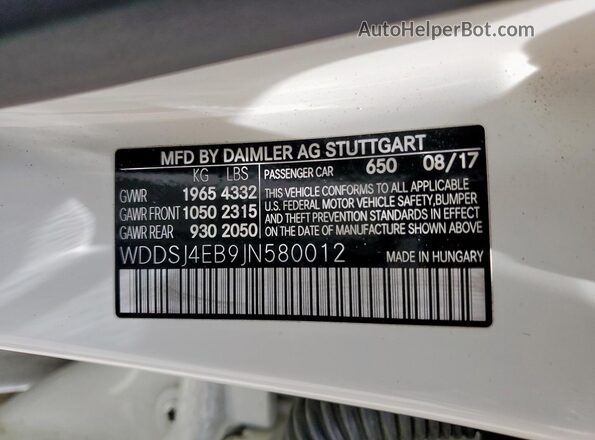 WDDSJ4EB9JN580012 2018 MERCEDES-BENZ CLA-CLASS Белый 