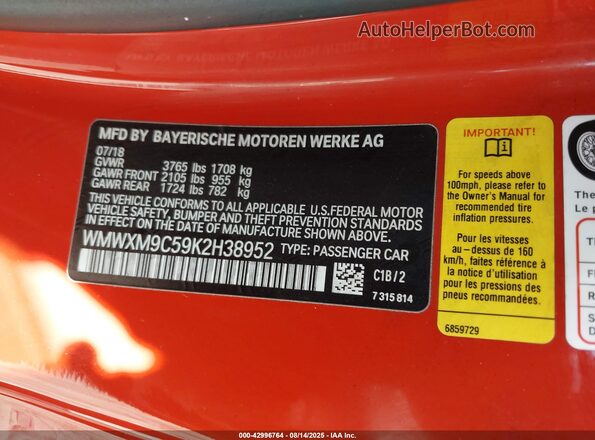 WMWXM9C59K2H38952 2019 MINI HARDTOP Red Вид підкапотного простору
